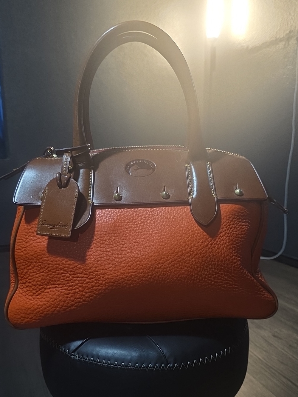 Dooney & Bourke Orange Pebbled Leather Satchel with Brown Trim